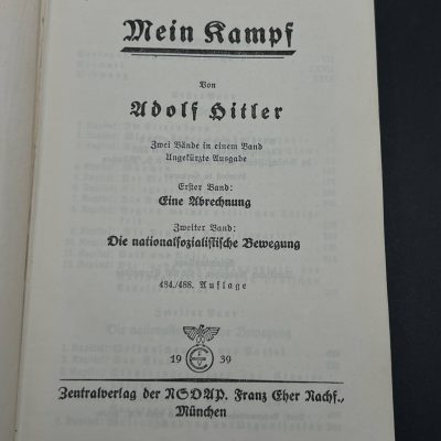 Book “Mein Kampf” by Adolf Hitler, 1939 Hardcover Edition, Third Reich Period